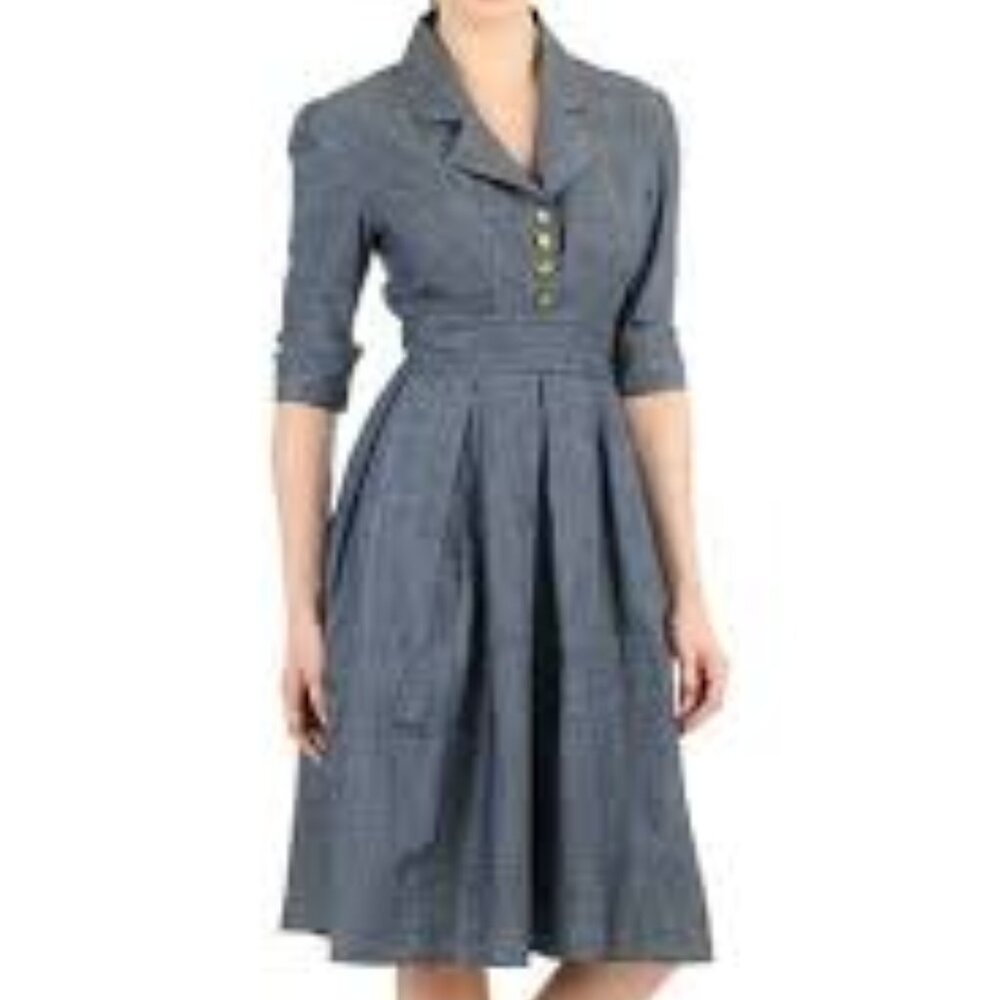 eShakti  Pleat Bib-Front Cotton Chambray Dress sz L 12